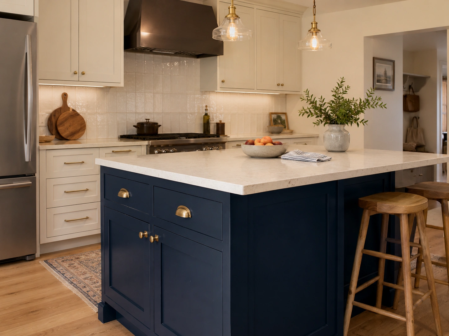 Navy blue kitchen island with warm brass hardware, white countertop, pendant lights, and cream cabinets.