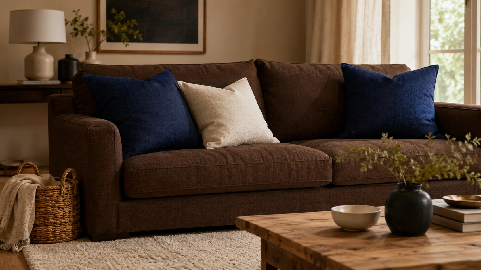 Chocolate brown sofa with navy blue pillows and a cream rug in a cozy living room