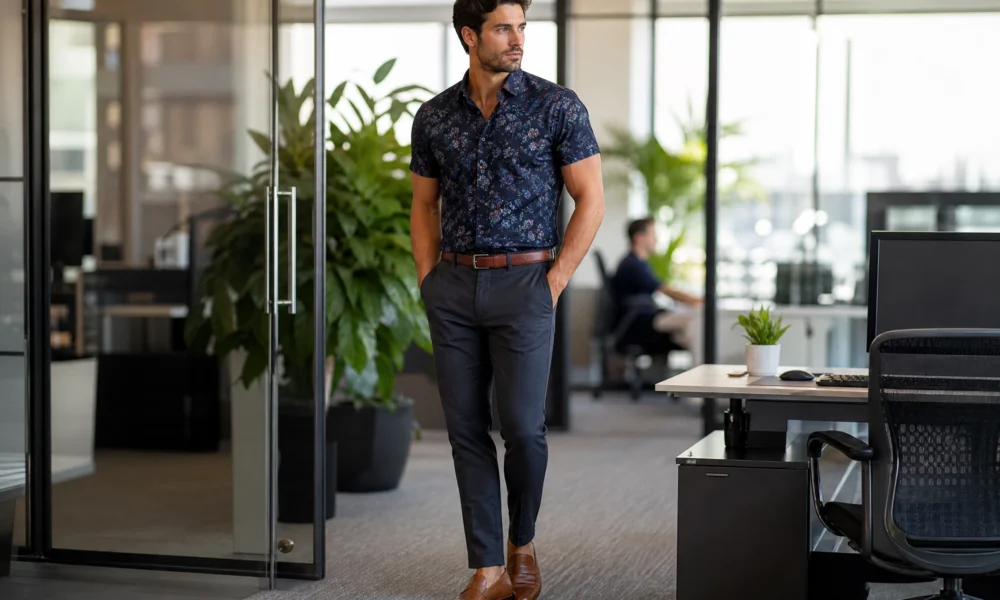 Man wearing a navy floral short-sleeve shirt with charcoal chinos in a modern office.