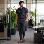 Man wearing a navy floral short-sleeve shirt with charcoal chinos in a modern office.