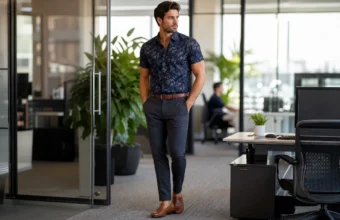 Man wearing a navy floral short-sleeve shirt with charcoal chinos in a modern office.