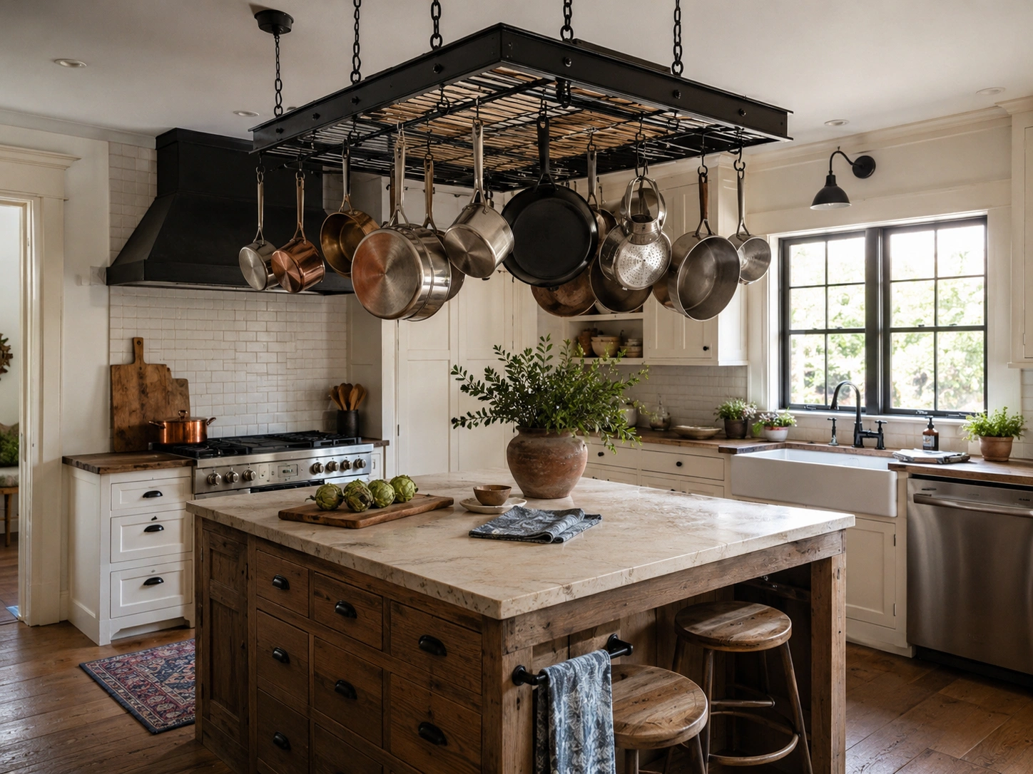 Rustic kitchen with a navy or forest green painted island base, marble countertop, farmhouse sink, and hanging pot rack.