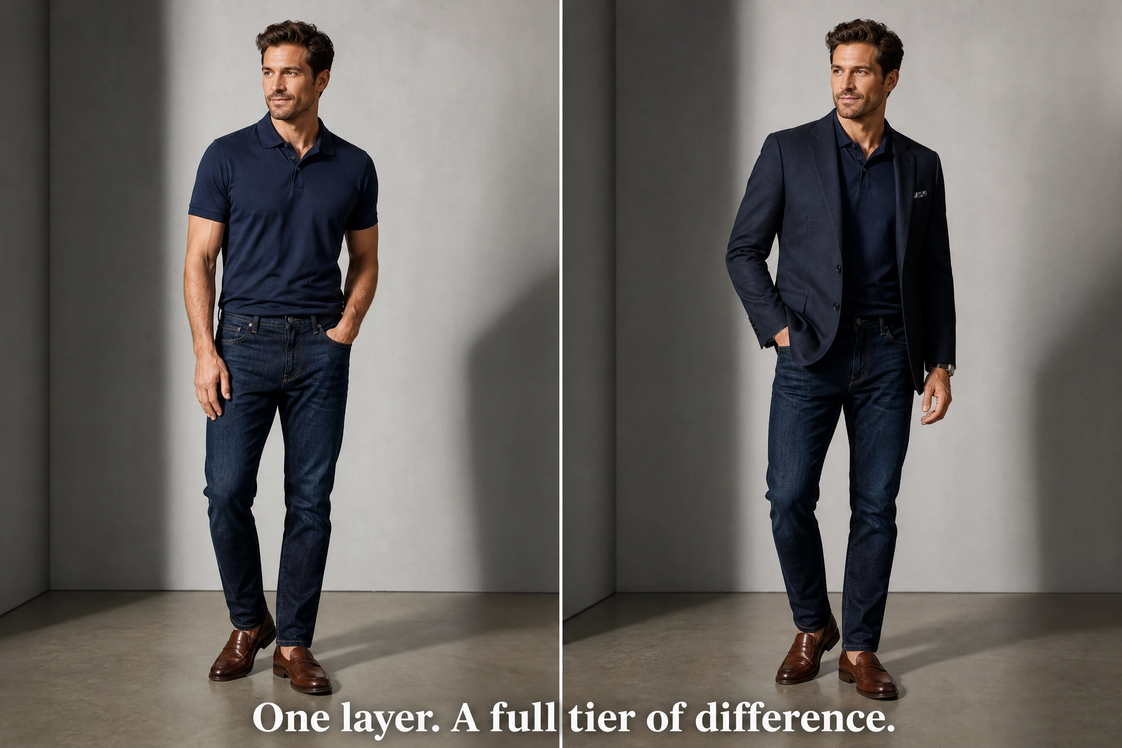 Man in navy polo and dark jeans shown with and without blazer for smart casual style comparison.