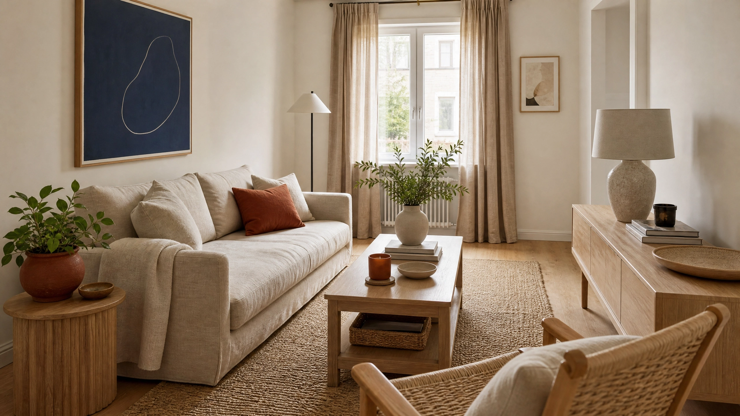 Neutral living room with linen sofa, wood coffee table, floor-to-ceiling curtains, and natural decor.