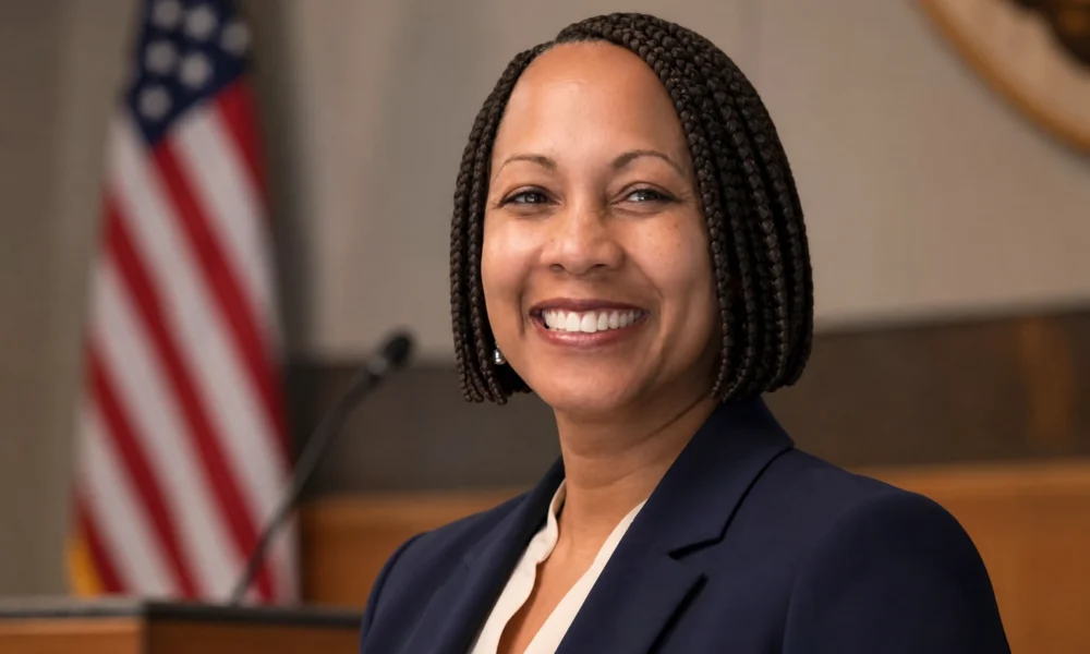 Neysa Fligor smiling in a navy blazer inside a public meeting chamber with a U.S. flag behind her