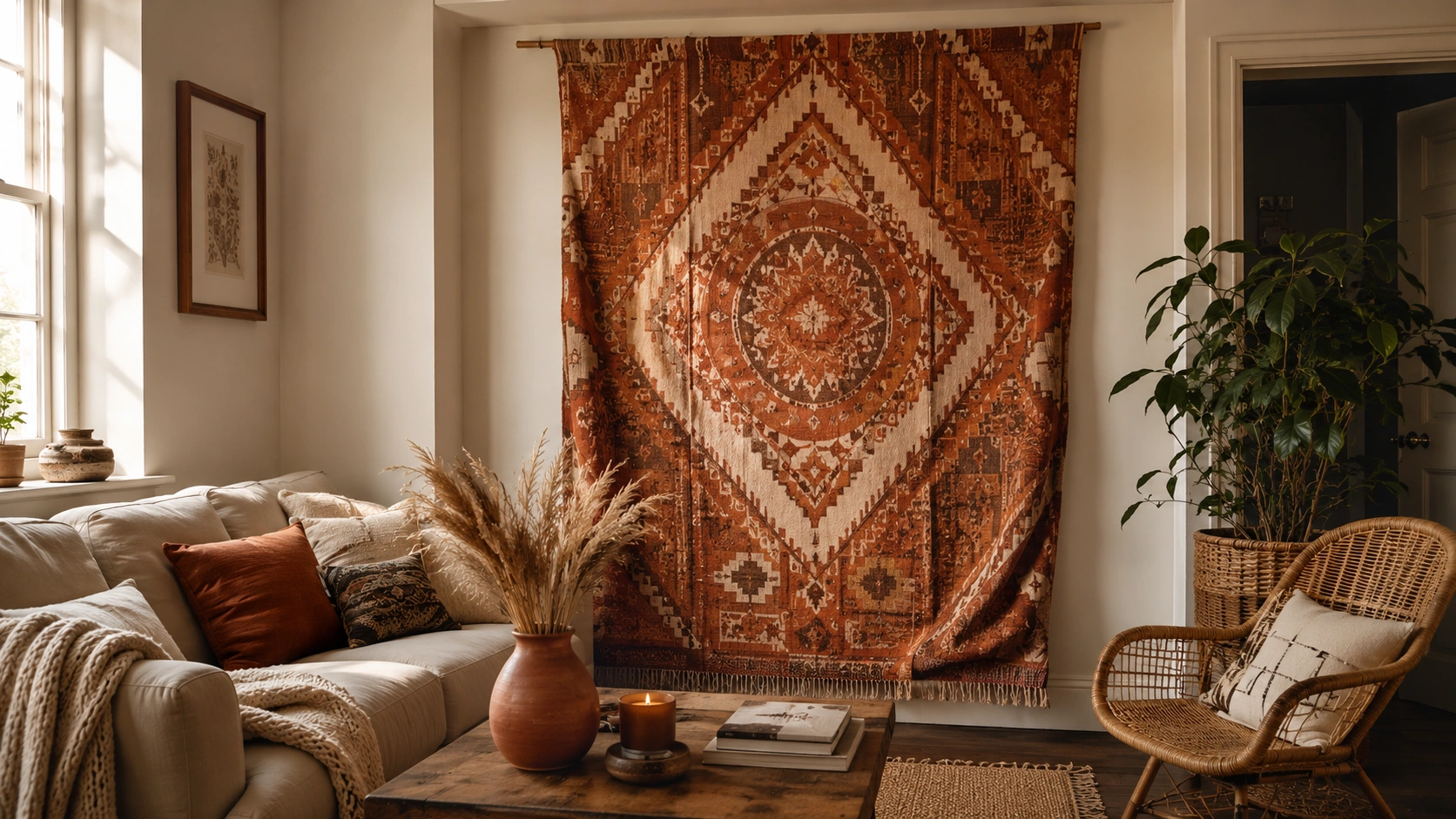 Woven rust tapestry hung as a no-drill boho wall statement in a cozy living room.
