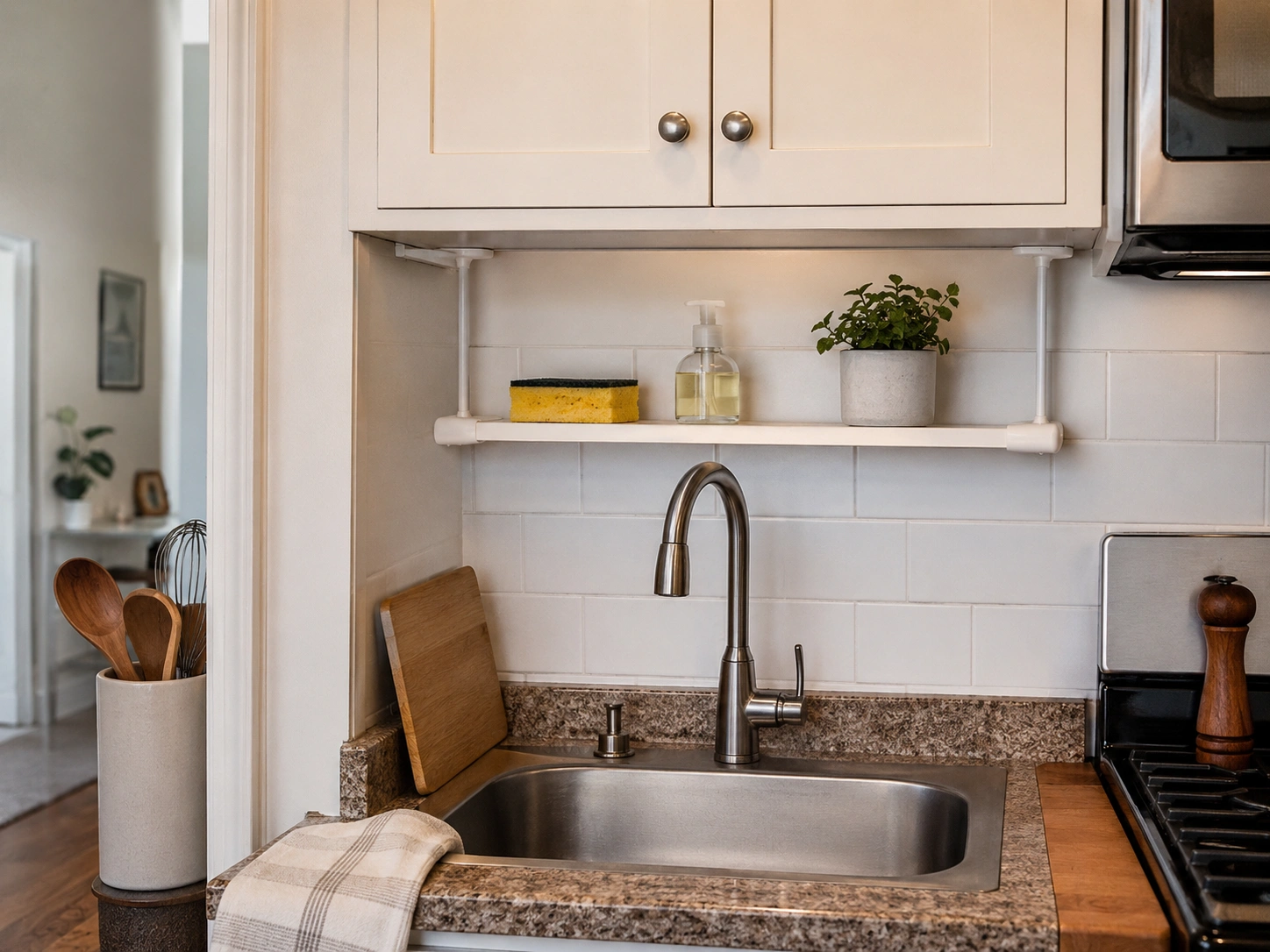 No-drill tension shelf above a small kitchen sink holding soap, sponge, and a potted herb