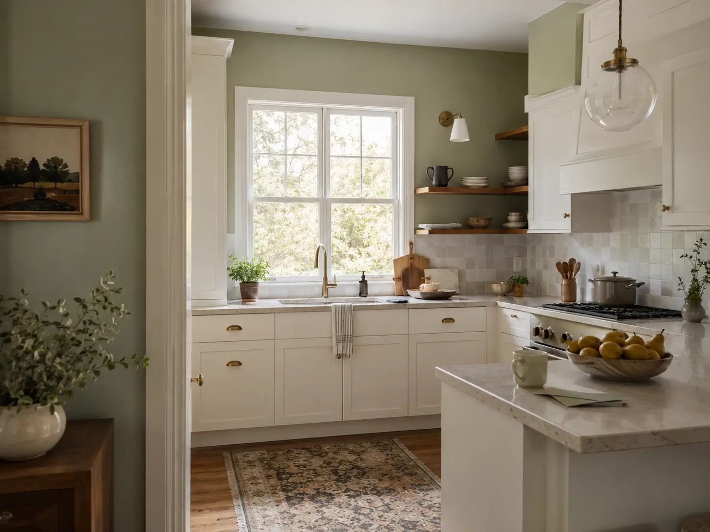 Sage green kitchen with cream cabinets, brass hardware, and soft natural window light.