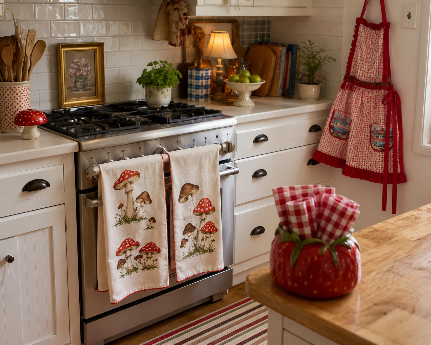 Cozy cottage kitchen with mushroom dish towels, a red diner apron, and fruit napkins on a wooden island.