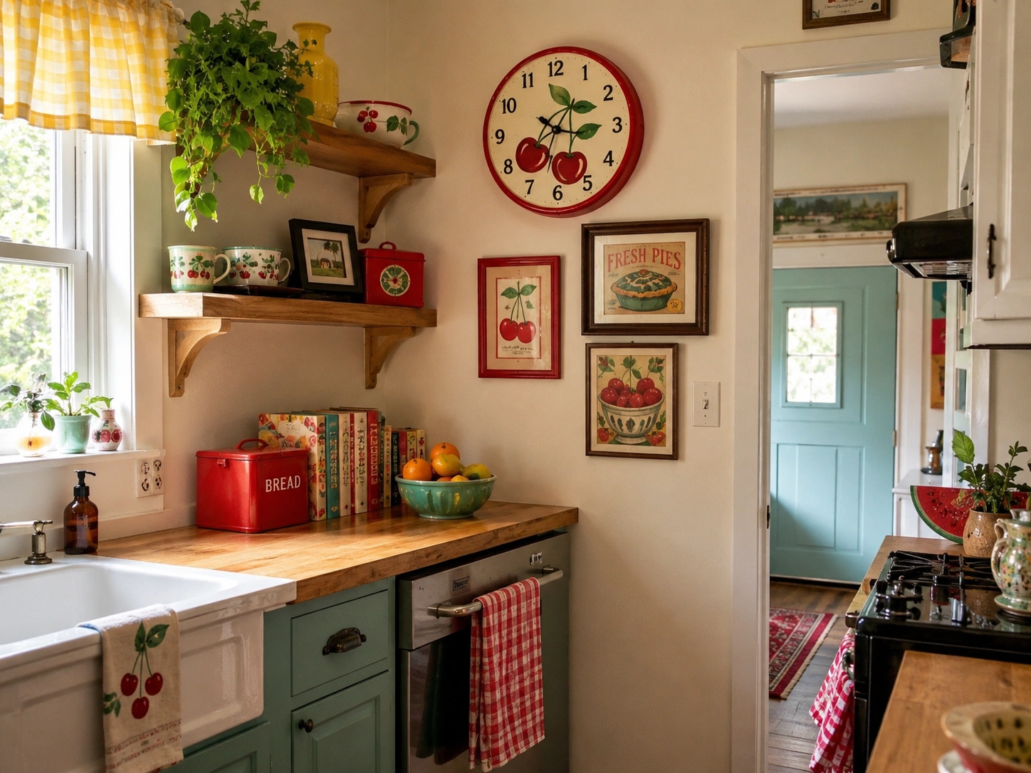 Retro cherry wall clock above a vintage kitchen counter with fruit art, open shelves, and gingham curtains