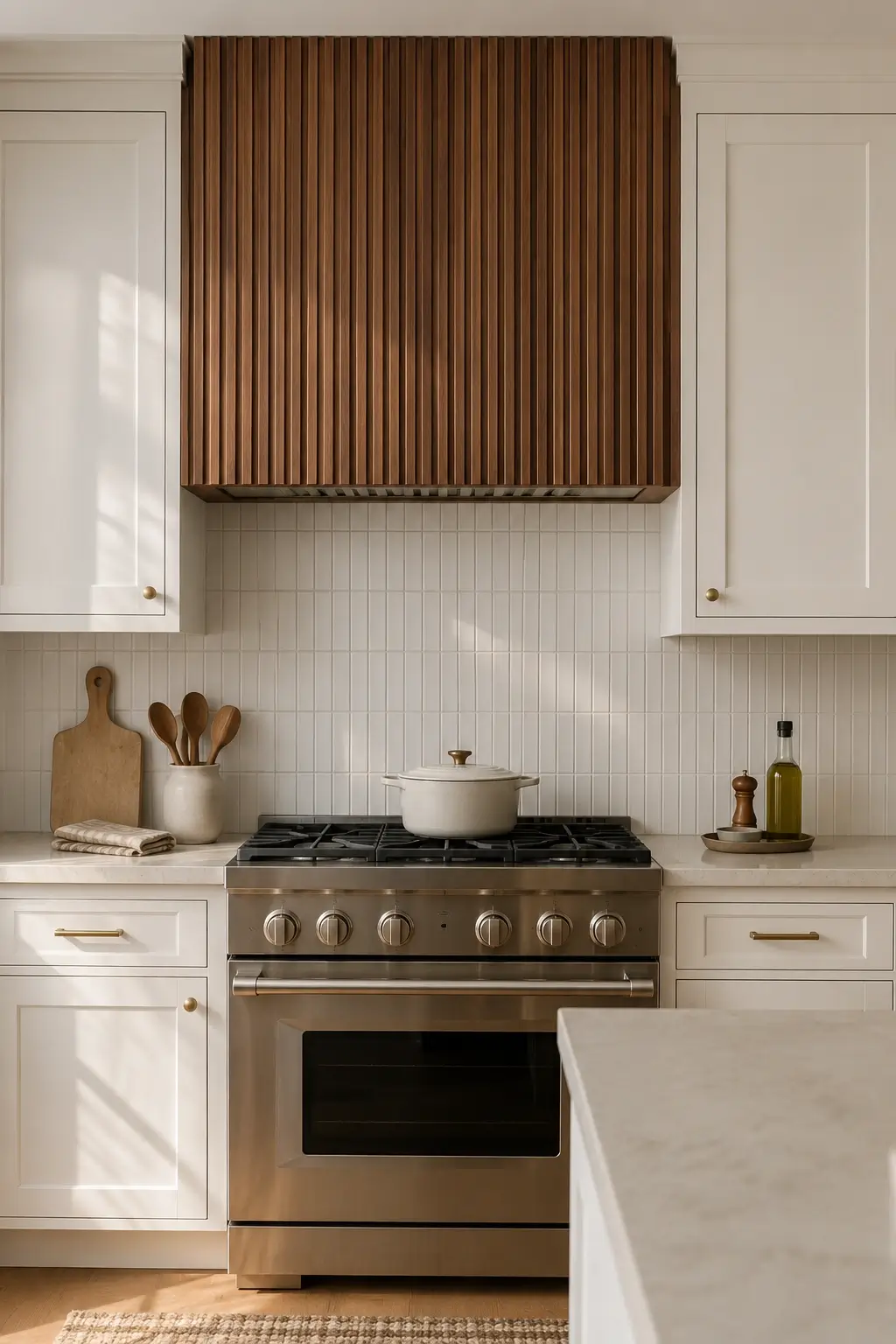 Oak wood hood with visible vertical grain above a stainless range in a white kitchen with slim tile backsplash.