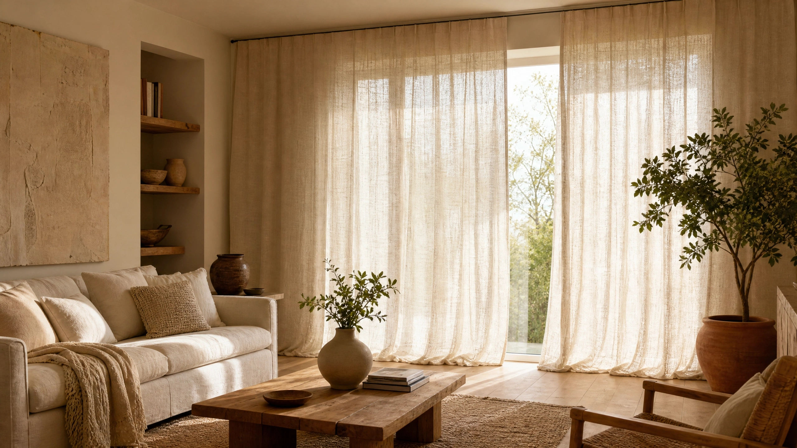 Oatmeal linen curtains filtering warm light in a cozy earthy living room.