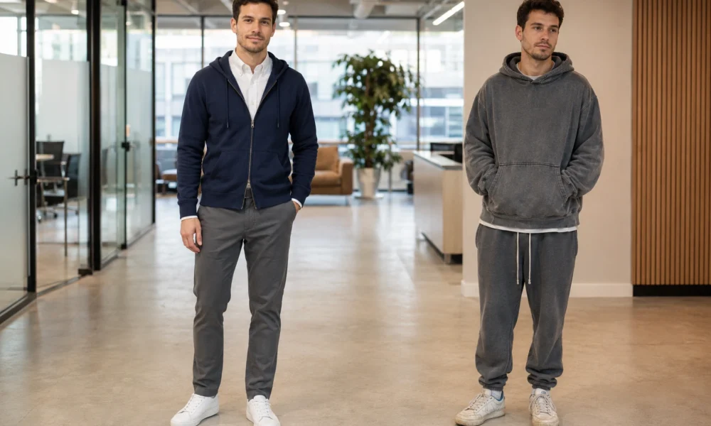 Office-appropriate navy hoodie outfit compared with casual grey hoodie and joggers in a modern office.