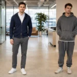Office-appropriate navy hoodie outfit compared with casual grey hoodie and joggers in a modern office.
