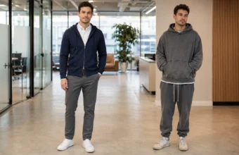 Office-appropriate navy hoodie outfit compared with casual grey hoodie and joggers in a modern office.