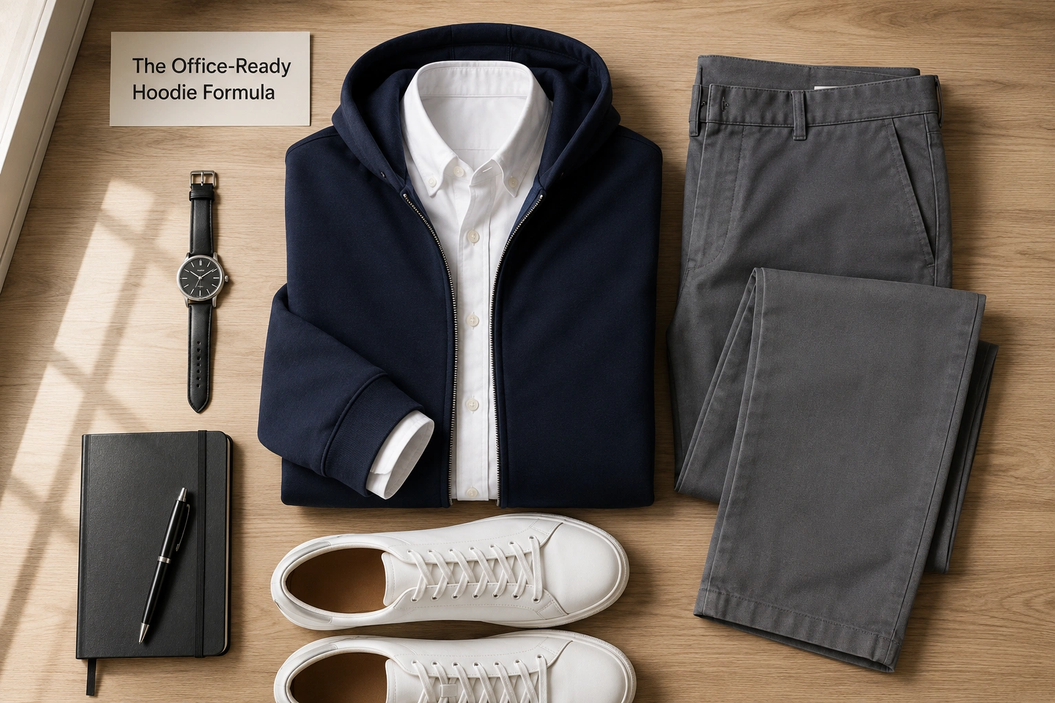 Office-ready hoodie outfit with navy zip hoodie, white Oxford shirt, grey chinos, and white sneakers
