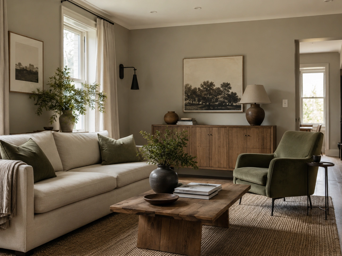 Olive green and stone grey living room with natural wood furniture, cream sofa, jute rug, and sage armchair