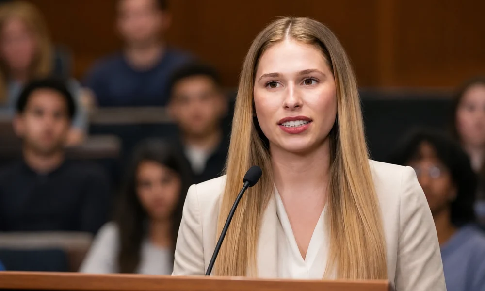 Olivia Krolczyk speaking into a microphone during a formal campus event with audience members in the background