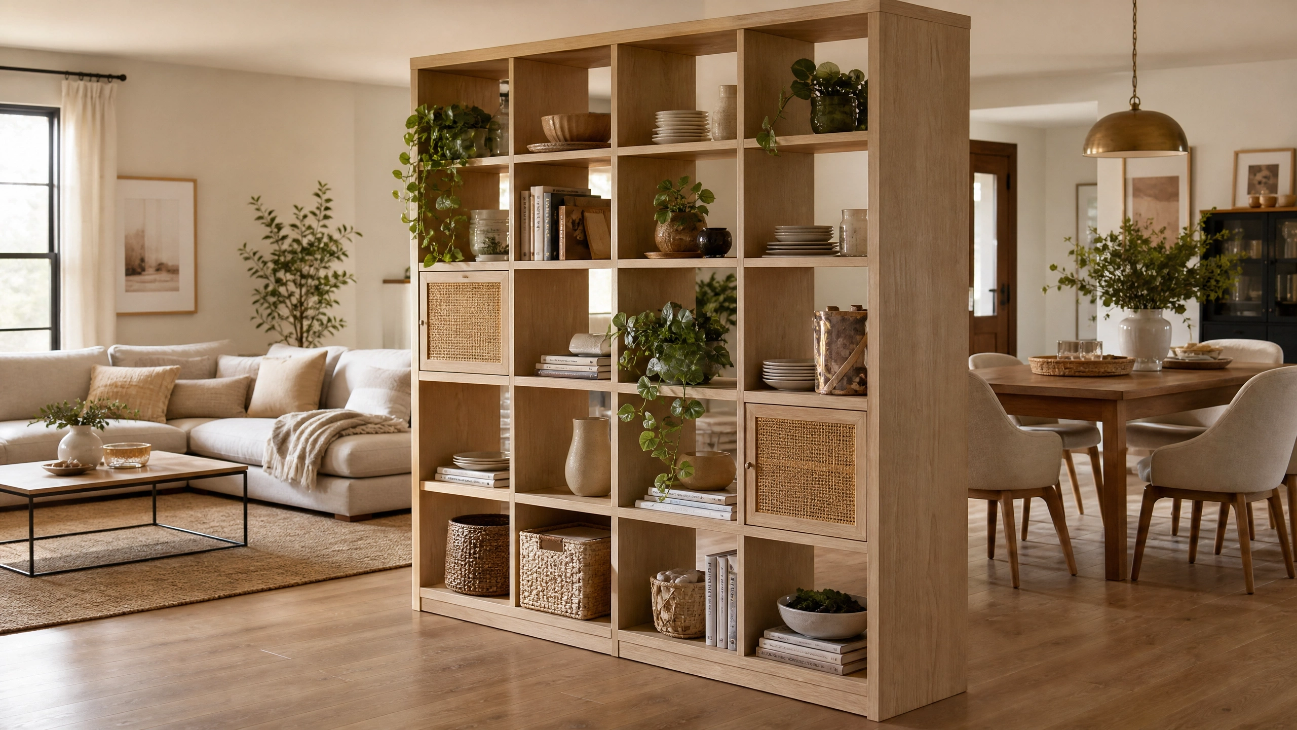 Open wood bookshelf divider with books, plants, baskets, and curated décor between living and dining areas.