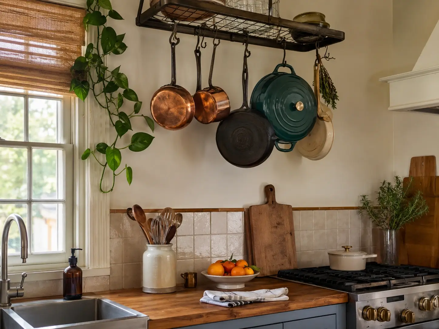 Copper pans, cast iron skillet, and green Dutch oven hanging from an open pot rack in a cottage kitchen.