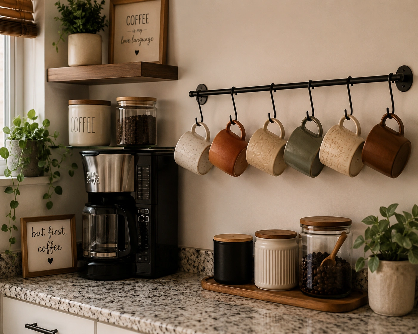 Open mug display wall beside a coffee machine with hanging cups, jars, plants, and warm kitchen decor.
