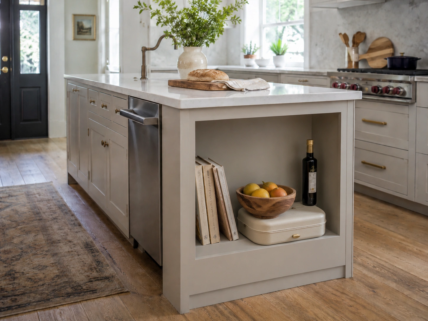 Open shelf kitchen island end cap with cookbooks, fruit bowl, olive oil and daily kitchen items.