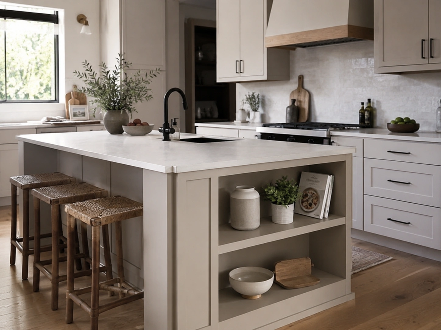 Kitchen island with open end shelving styled with bowls, books, plants and woven stools in a warm neutral kitchen.