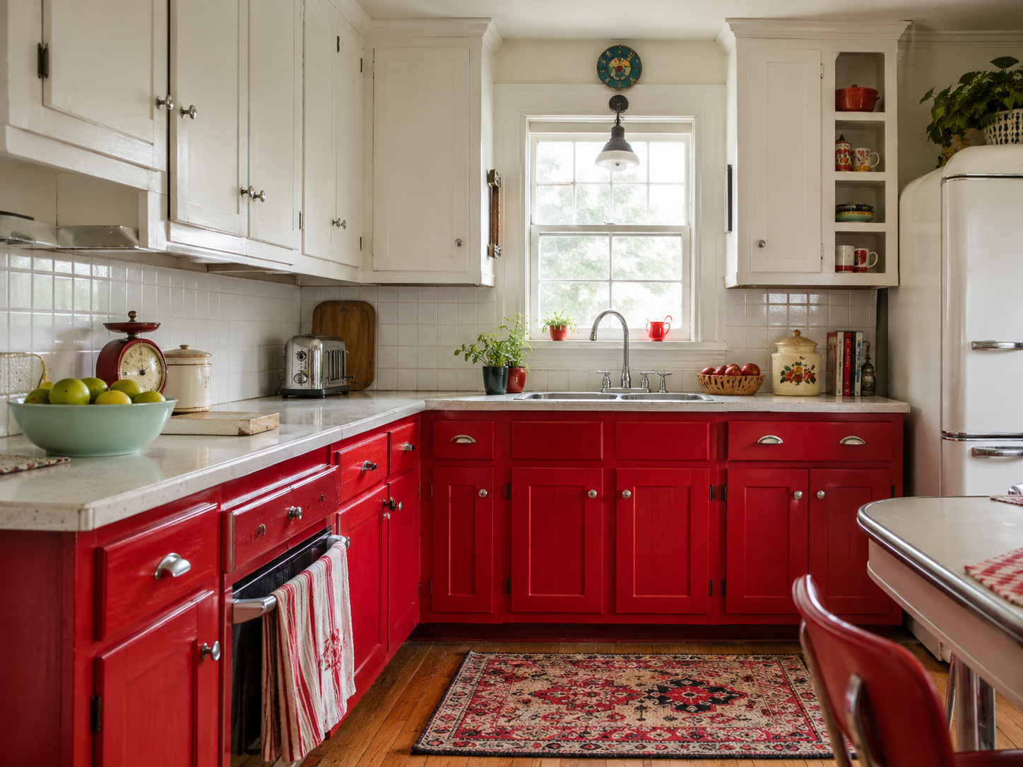 Open kitchen shelving with curated vintage dishes beside red lower cabinets and cream upper cabinets.