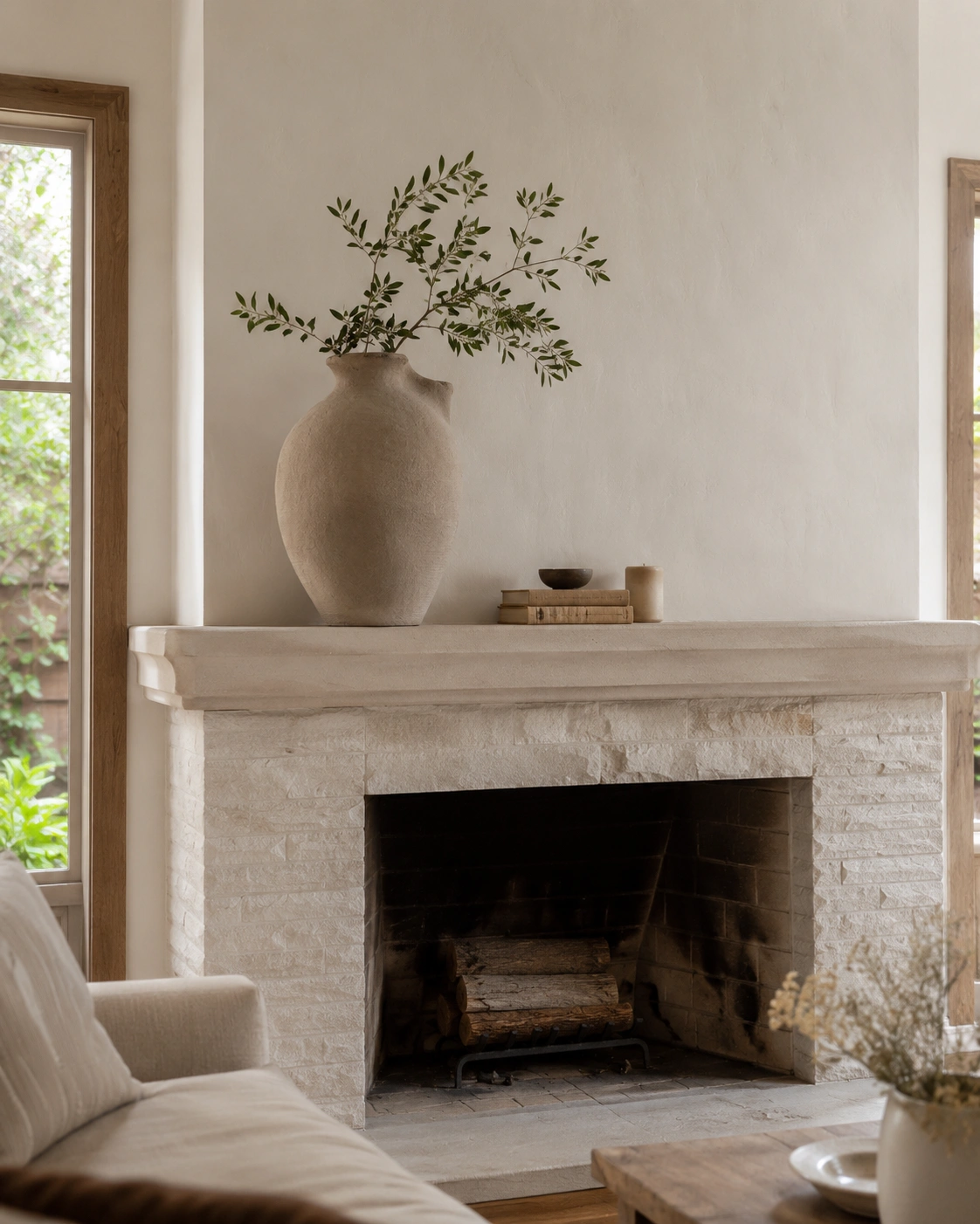 Organically shaped ceramic vase with olive branches styled as a hero piece on a neutral fireplace mantel