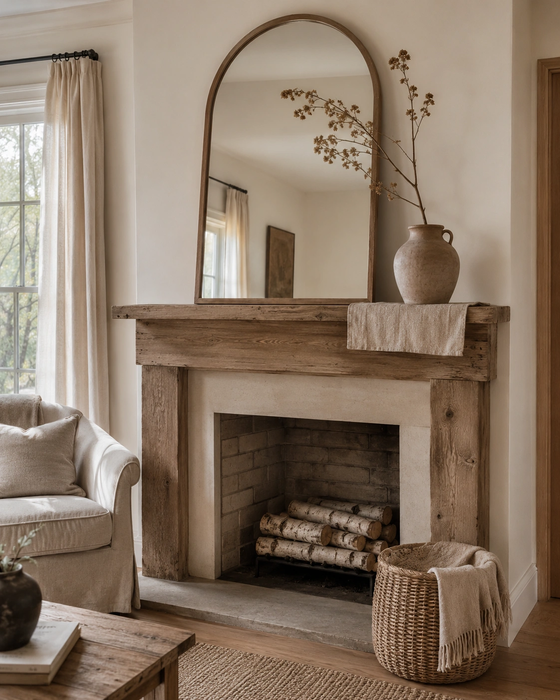 Organic-luxe fireplace with arched mirror, raw wood mantel, birch logs, and neutral textures.