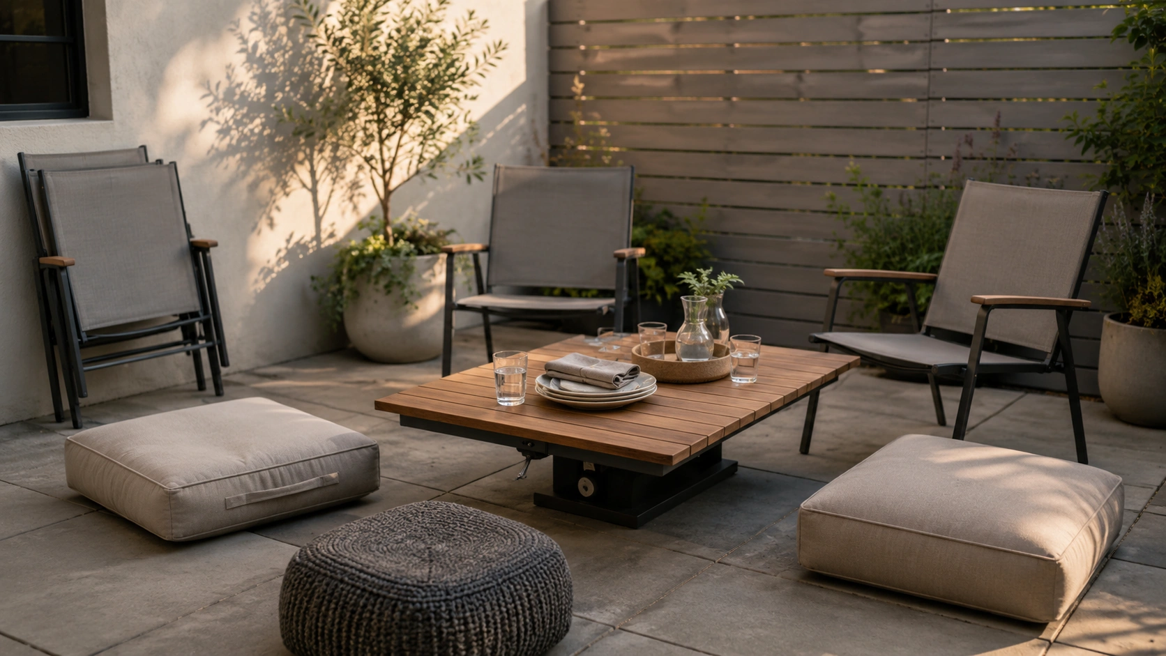 Compact patio dining-lounge hybrid with adjustable low table, stackable chairs, cushions, and privacy fence.
