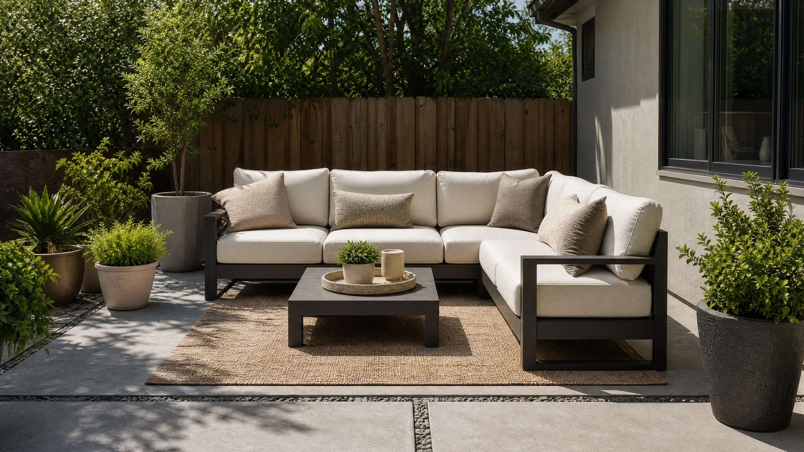 Outdoor sectional sofa defining a patio seating area with cream cushions, jute rug, coffee table, and potted plants.