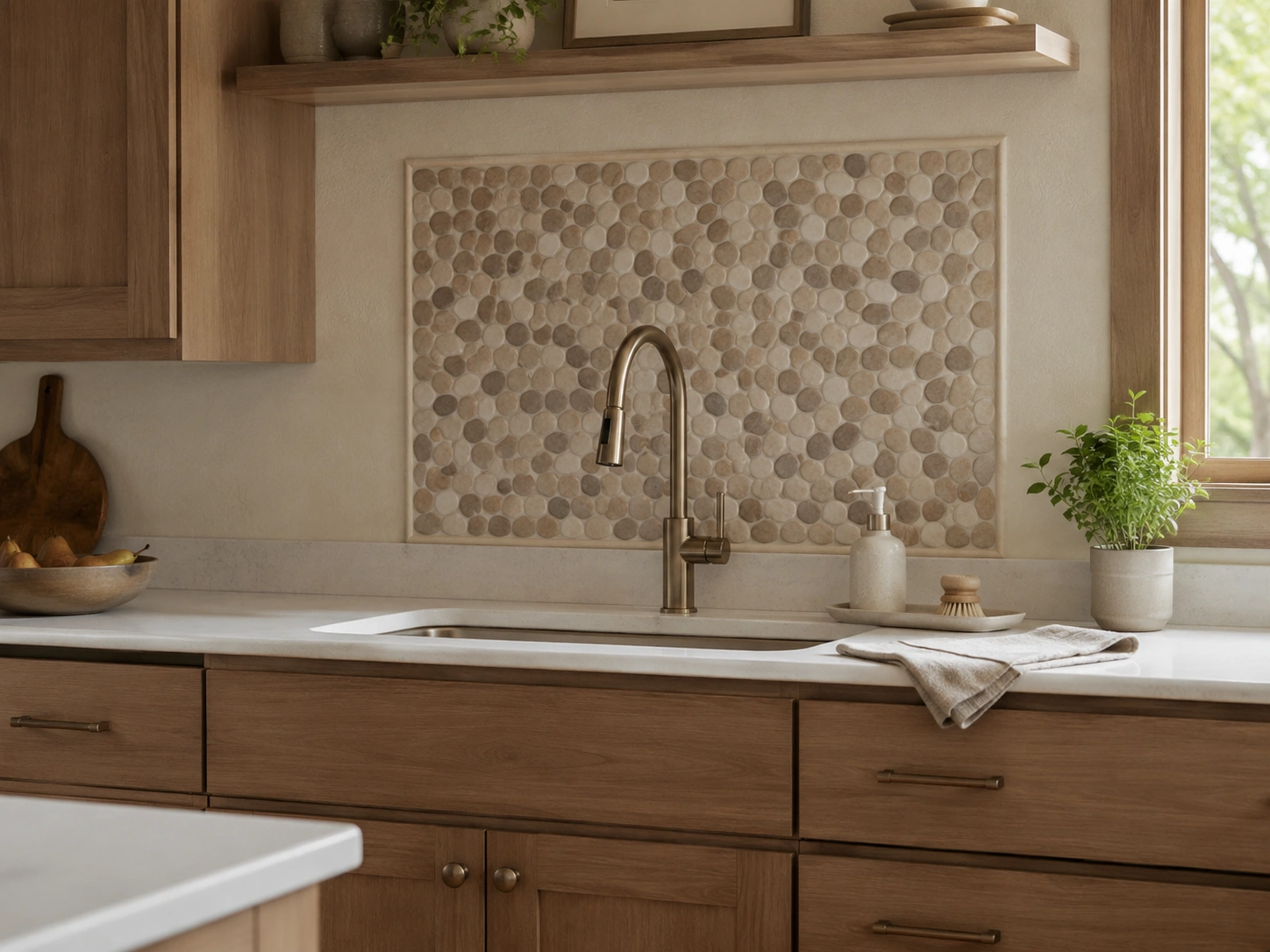 Oval river pebble tile backsplash behind a kitchen sink with warm wood cabinets and brass faucet.