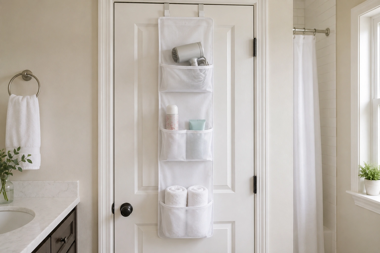 White over-the-door hanging shelf organizer with hair dryer, toiletries, and rolled towels in a small bathroom.