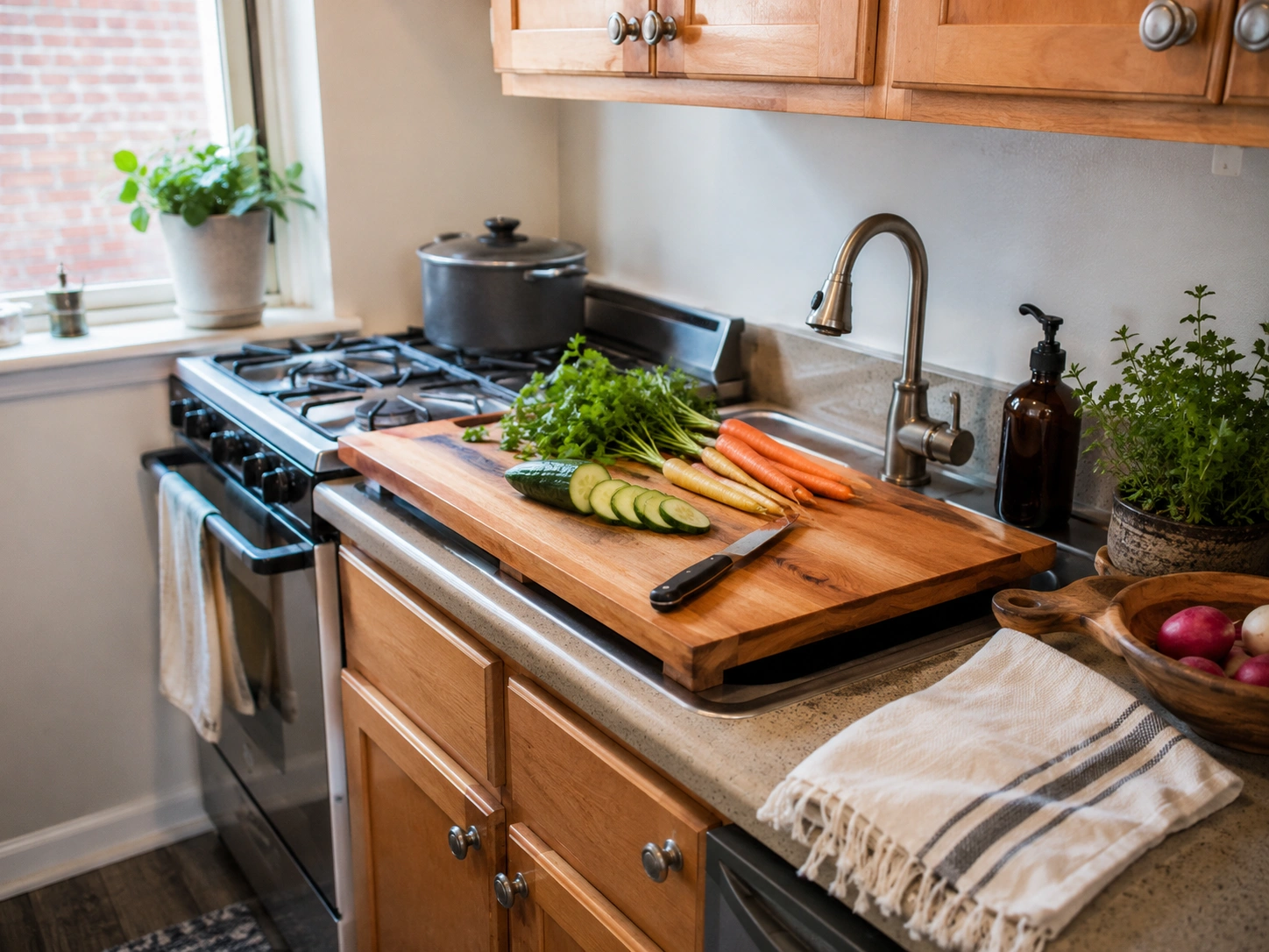 Over-the-sink cutting board creates extra prep space in a small kitchen with fresh vegetables.