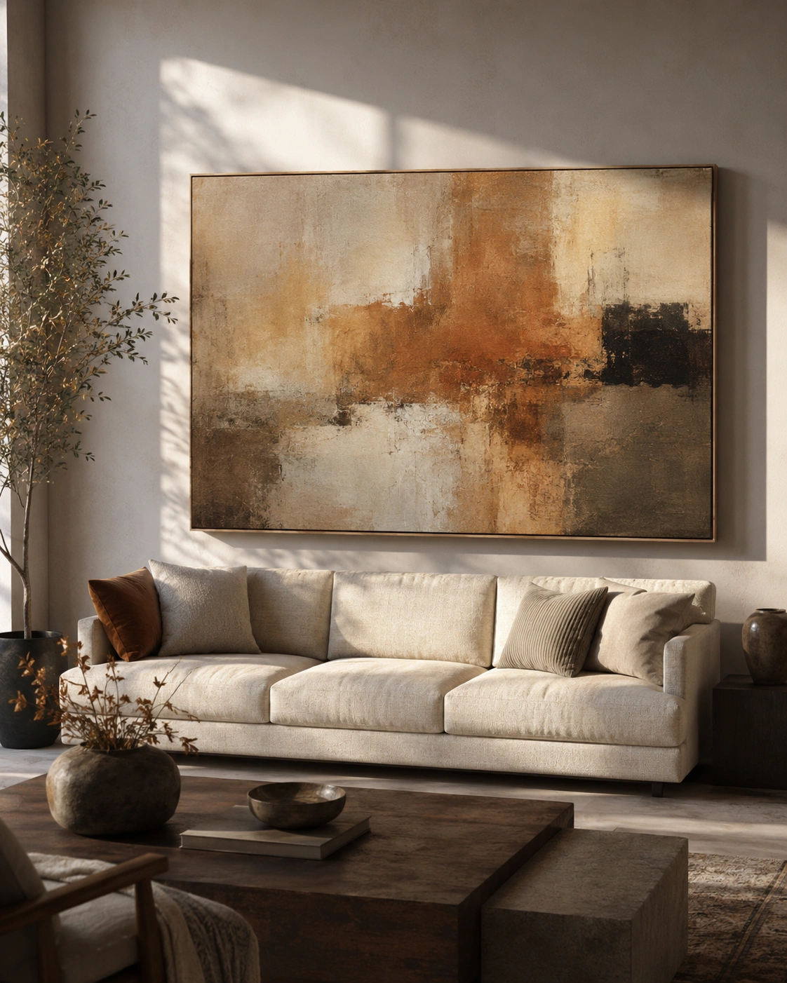 Oversized abstract art in warm earth tones above a neutral sofa in a modern luxury living room.