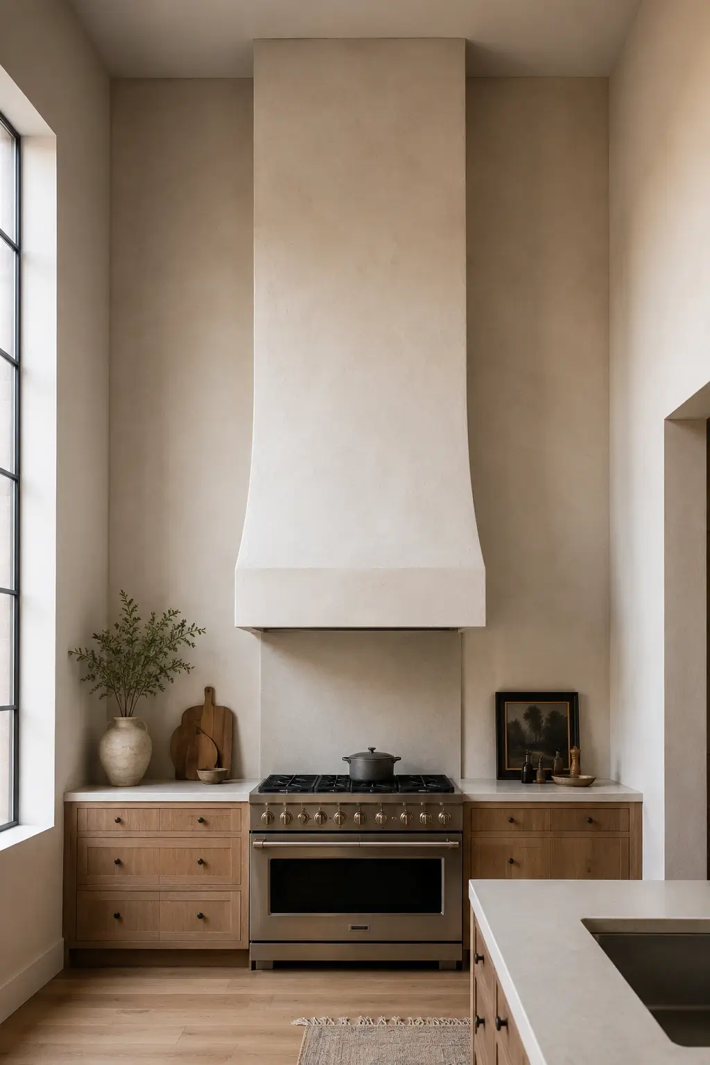 Oversized floor-to-ceiling plaster chimney hood above a range in a warm wood kitchen