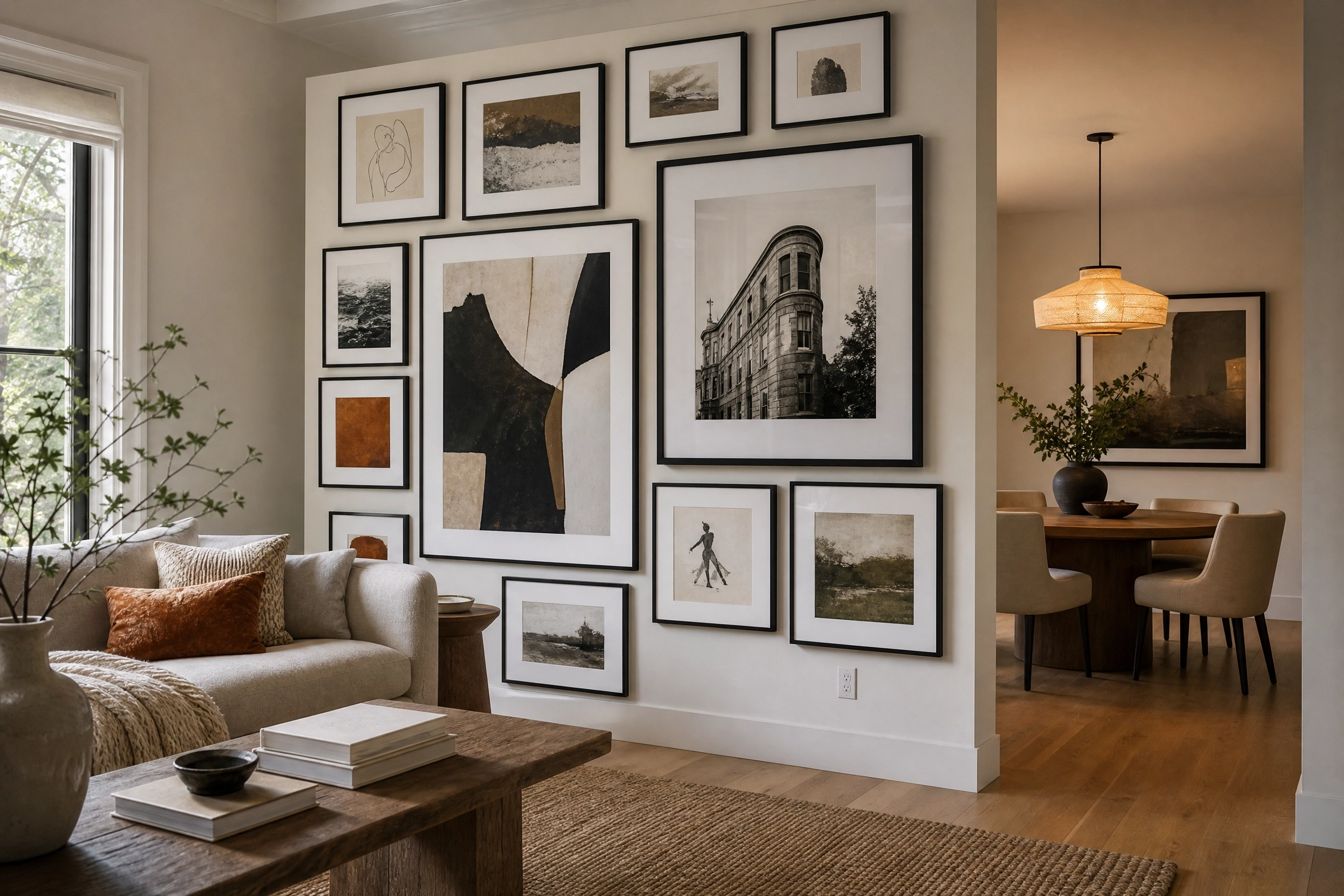 Oversized framed print gallery wall visually separates living room from dining area.