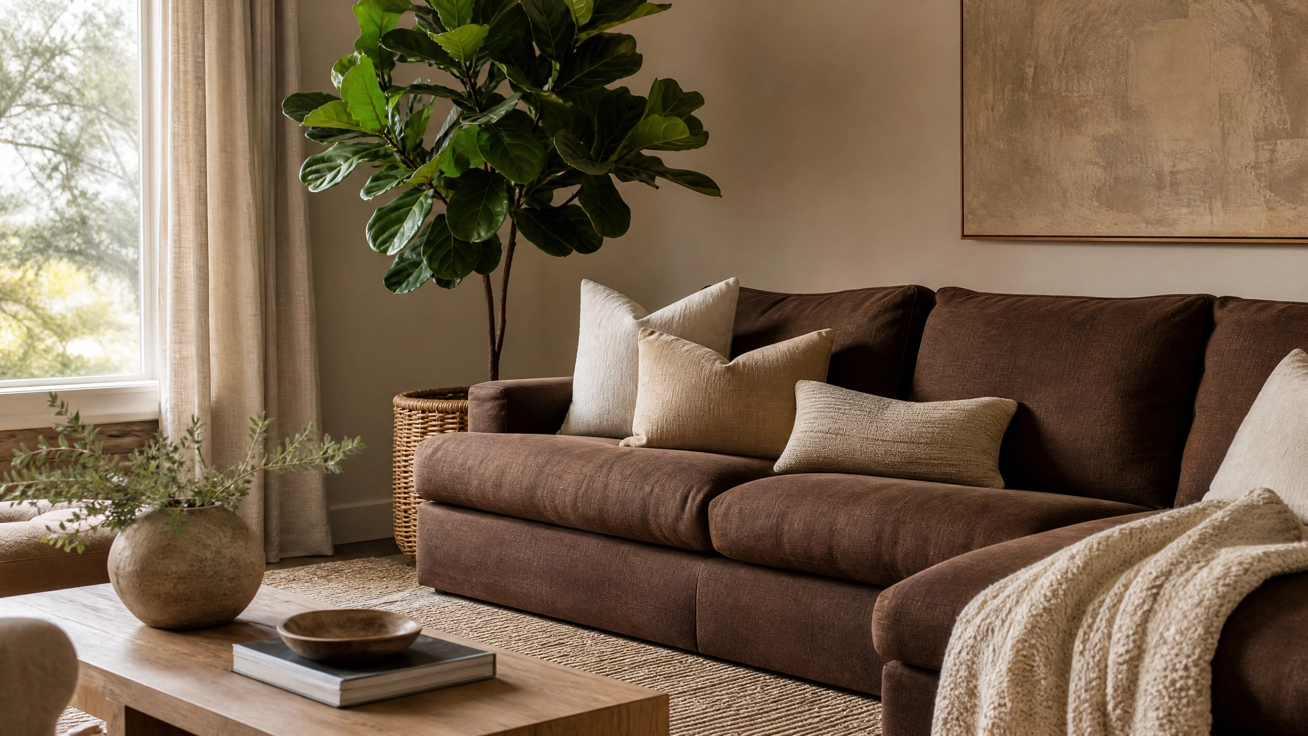 Oversized indoor plant beside a brown sofa in a warm neutral living room with cream pillows.