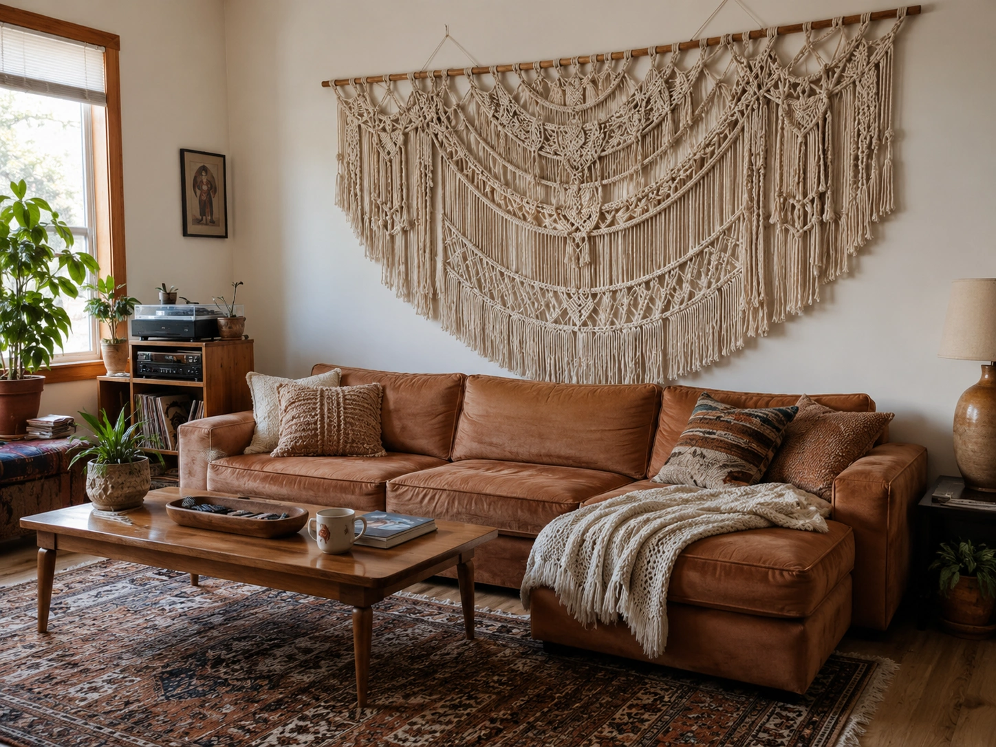 Oversized macramé wall hanging above a caramel leather sofa in a boho living room.