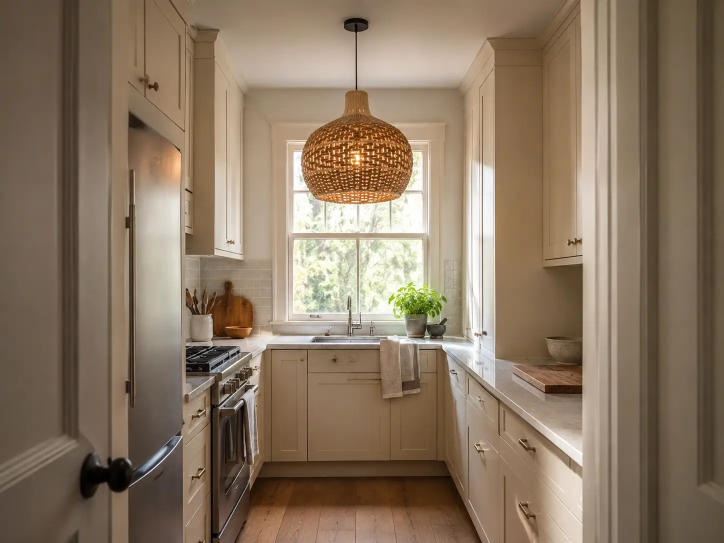 Galley kitchen with an oversized woven pendant light above the far sink wall and warm white cabinets