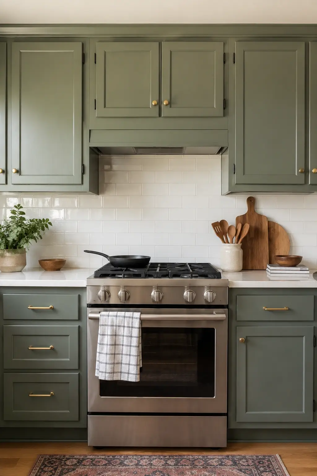 Sage green kitchen cabinets with a painted box hood blending into the cabinetry above a stainless range.