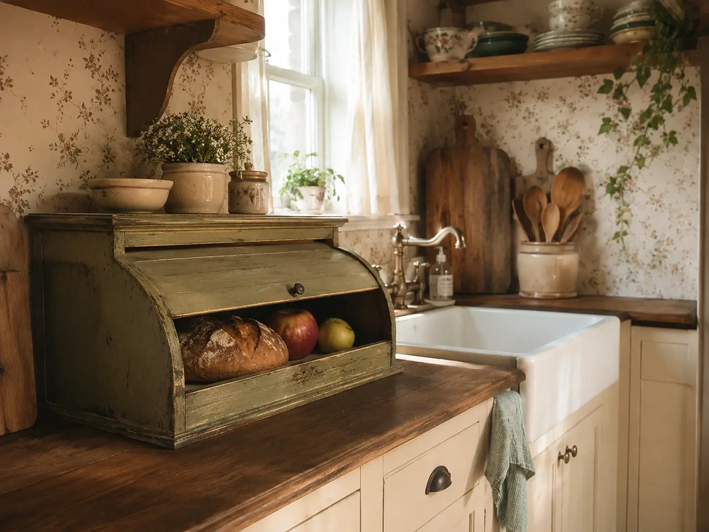Painted vintage wooden bread box on a rustic kitchen counter with bread, fruit, and farmhouse decor.