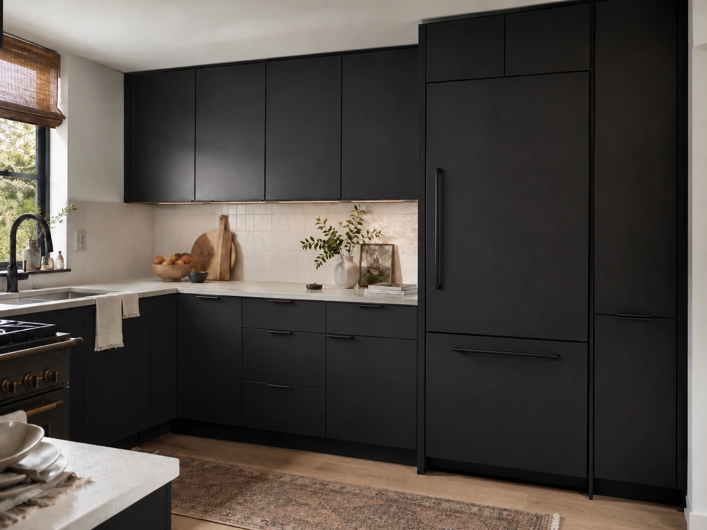 Seamless black kitchen with panel-front appliances, matte black cabinets, light backsplash, and warm wood flooring.