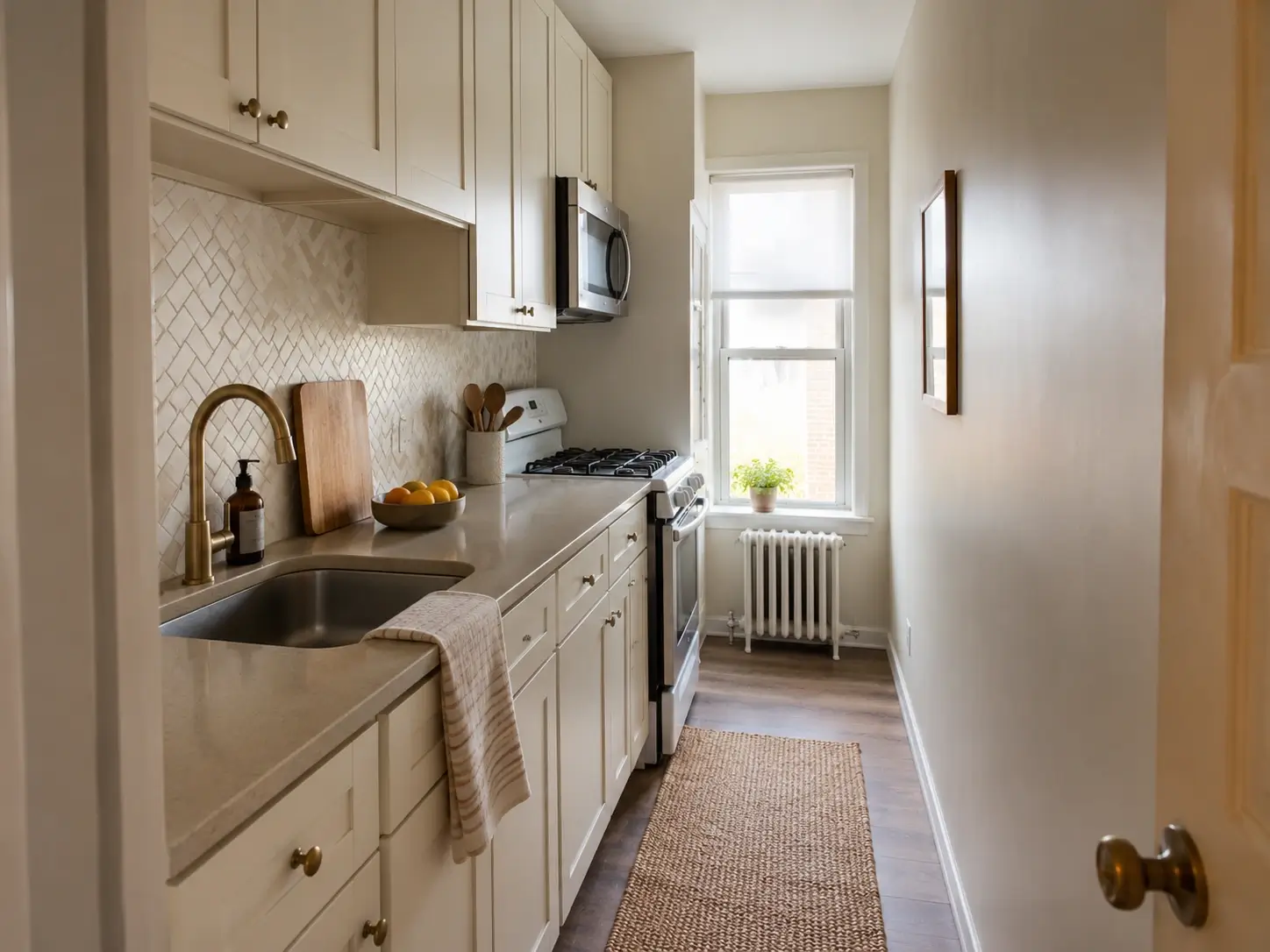 Small galley kitchen with peel-and-stick herringbone backsplash creating a clear focal wall.