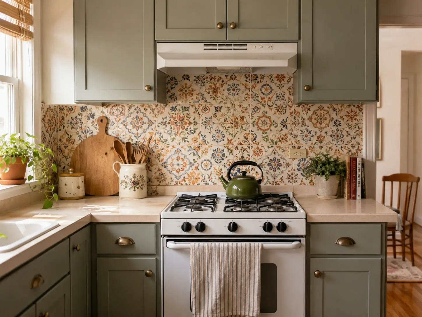 Sage green rental kitchen with patterned peel-and-stick backsplash tile behind a white stove.