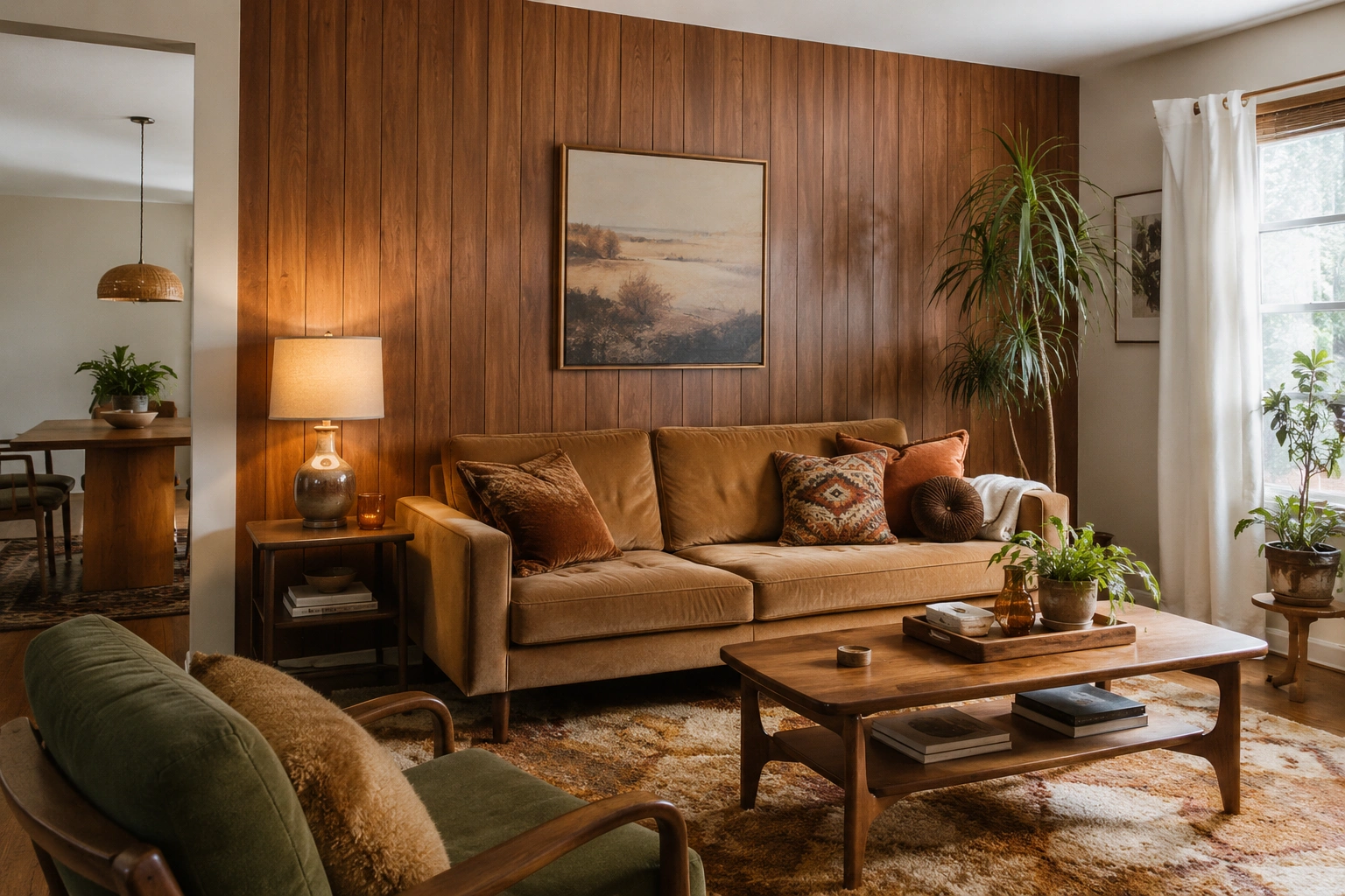 Living room with peel-and-stick wood paneling feature wall, tan sofa, plants, and warm mid-century decor.