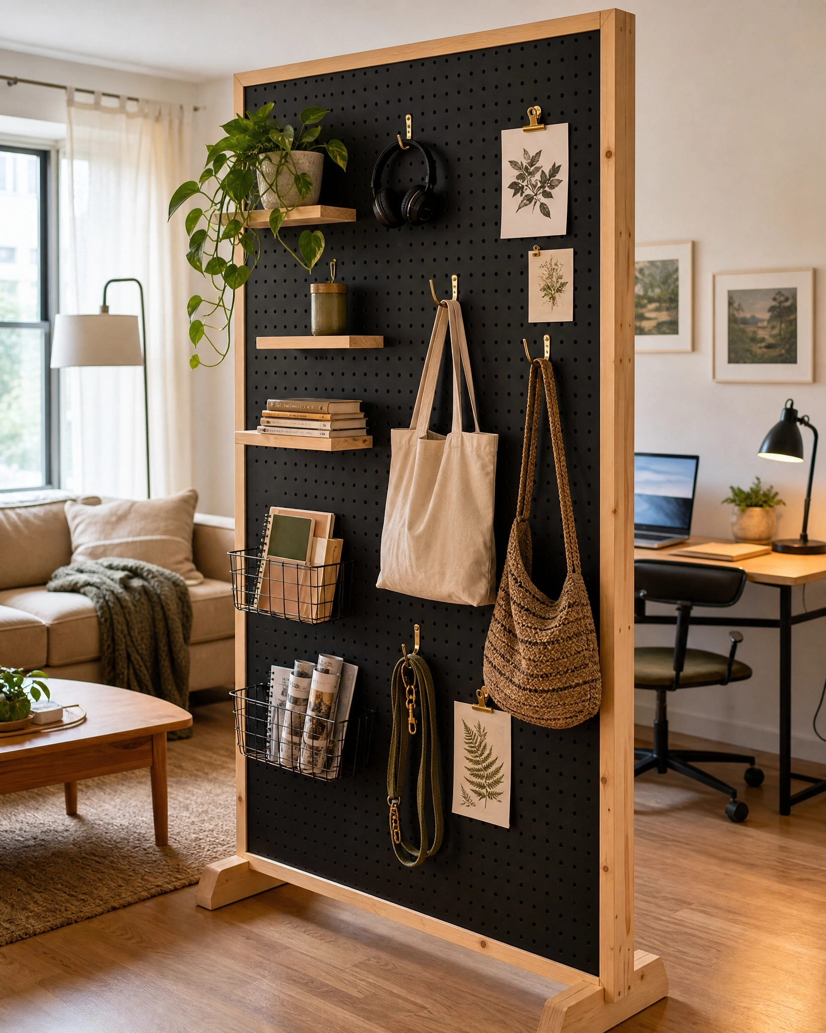 Black pegboard wall divider with wood frame, hooks, shelves, plants, and storage in a home office.