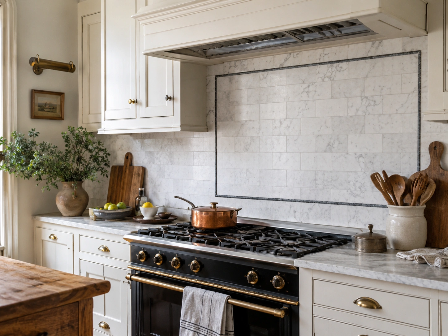Traditional kitchen with pencil-trim bordered marble backsplash behind a black brass range