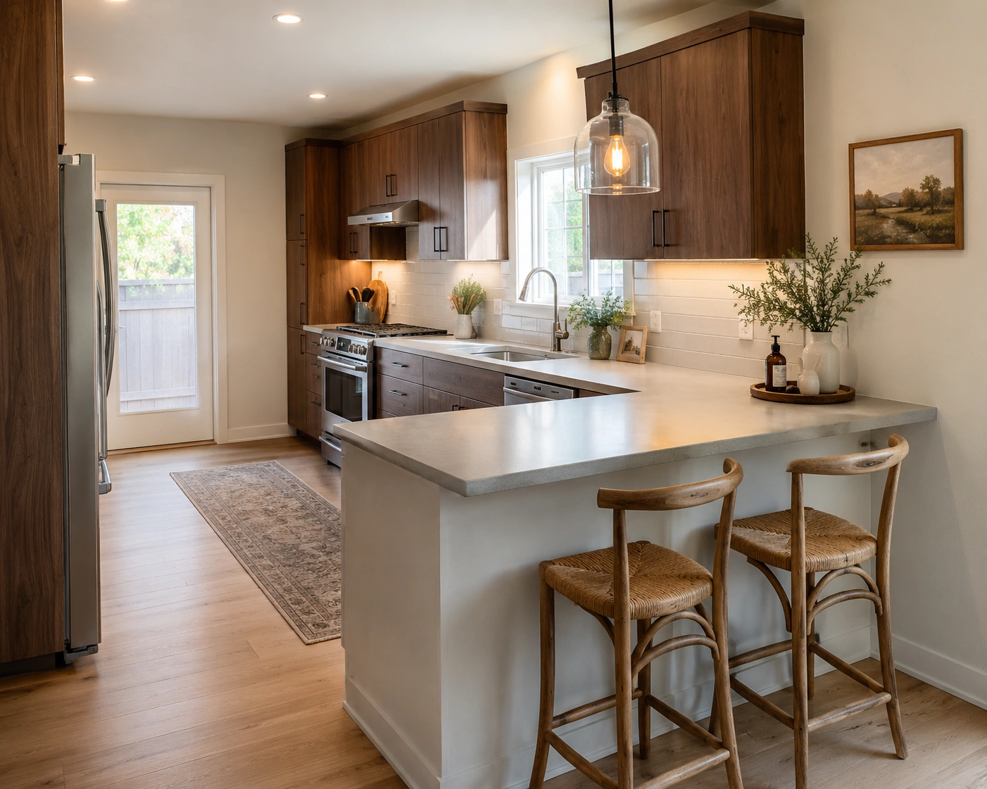 Peninsula-style kitchen island connected to a wall with wood cabinets, bar stools, and a bright countertop.